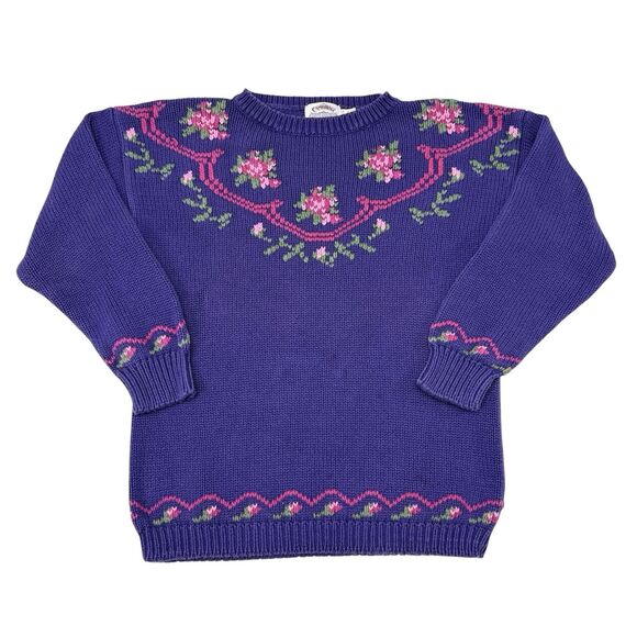 Vintage Cambridge Dry Good Sweater‎ Medium Purple Floral Knit Grandmacore - Picture 1 of 9